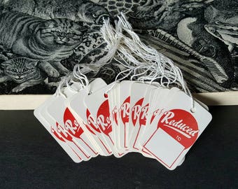 Set of 20 Vintage Paper Tags, Sales Tags, Reduced To in Red on Ivory Card Stock, Unused, With Attached Strings