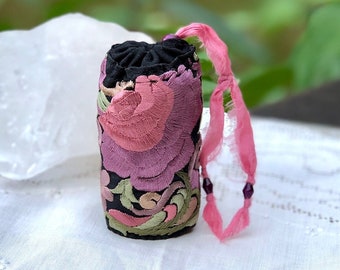 Handmade Drawstring Pouch, Circular, Embroidered Floral Trim Fabric on Black, Textile Art, Treasure Bag, Lined, Beads, Hand Stitching