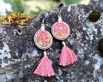 Vintage Cross Stitched Linen Floral Fire Polished Dagger Beads Copper and Bronze Finish Handmade Earrings Wool Felt