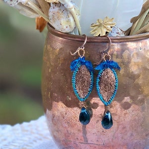 Handmade Earrings, Textile Jewelry, Vintage Embroidered Copper Metallic Thread, Wool Felt, Peacock Blue Glass Seed Beads, Copper Finish image 1