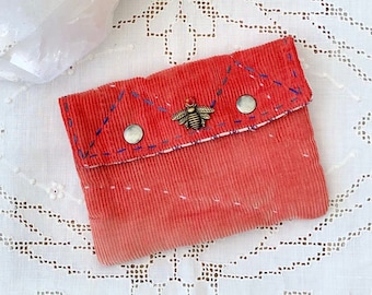 Handmade Small Snap Pouch, Vintage Corduroy Quilt in Red, Blue and White Ticking Stripe Lining, Brass Bee Charm, Double Snap Closure