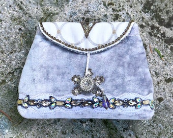 Handmade Small Clutch, Silver Velvet, Gold and Silver Stiched Fabric, Vintage Lace,Sequin Trim, Applique, Faceted Jewel Trims, Glass Button