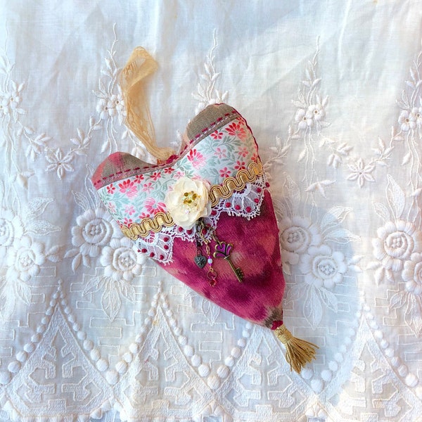 Handmade Heart Ornament, Vintage Fabric, Lace and Trim, French Knots, Fabric Flower, Brass Key, Jewels and Beads, Lace Doily,  Polyfil