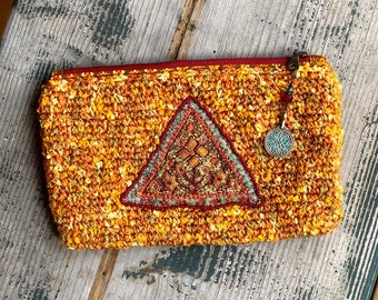 Handmade Crocheted Pouch, Clutch, Merino Wool and Variegated Nubby Yarn, Lined, Antique Brass Zipper Jewelry Pull, Embroidered Applique