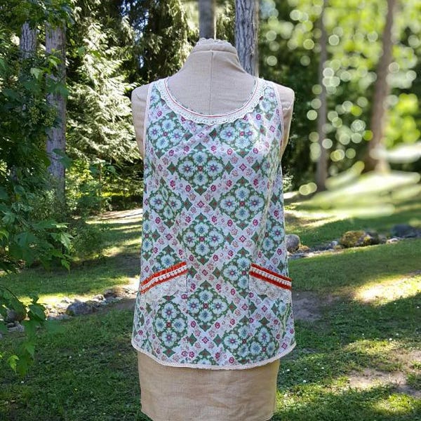 Vintage Cotton Apron, Embellished with Vintage Lace and Velvet Trim, Hand Stitching, Pull Over Cross Back, Woman's S / M