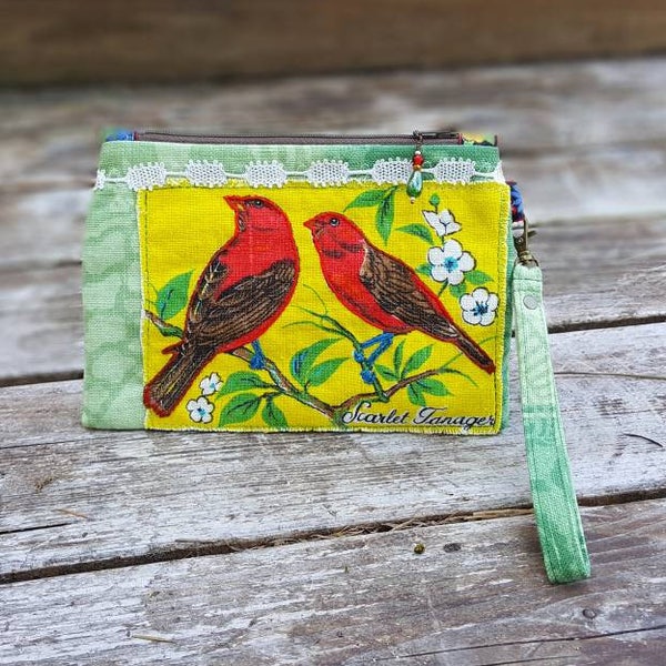 Wristlet Zipper Pouch, Small Purse, Vintage Linen 1974 Bird Calender Upcycle, Scarlet Tanager, Embroidered, Vintage Lace, Calico Lined