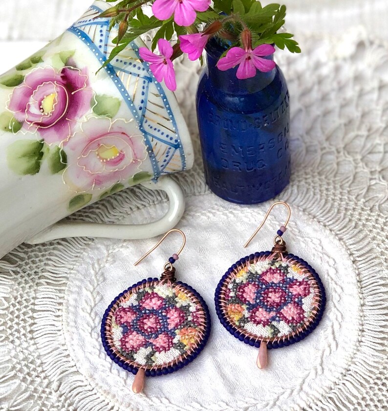 Vintage Cross Stitched Linen Floral Fire Polished Dagger Beads Copper and Bronze Finish Handmade Earrings Wool Felt