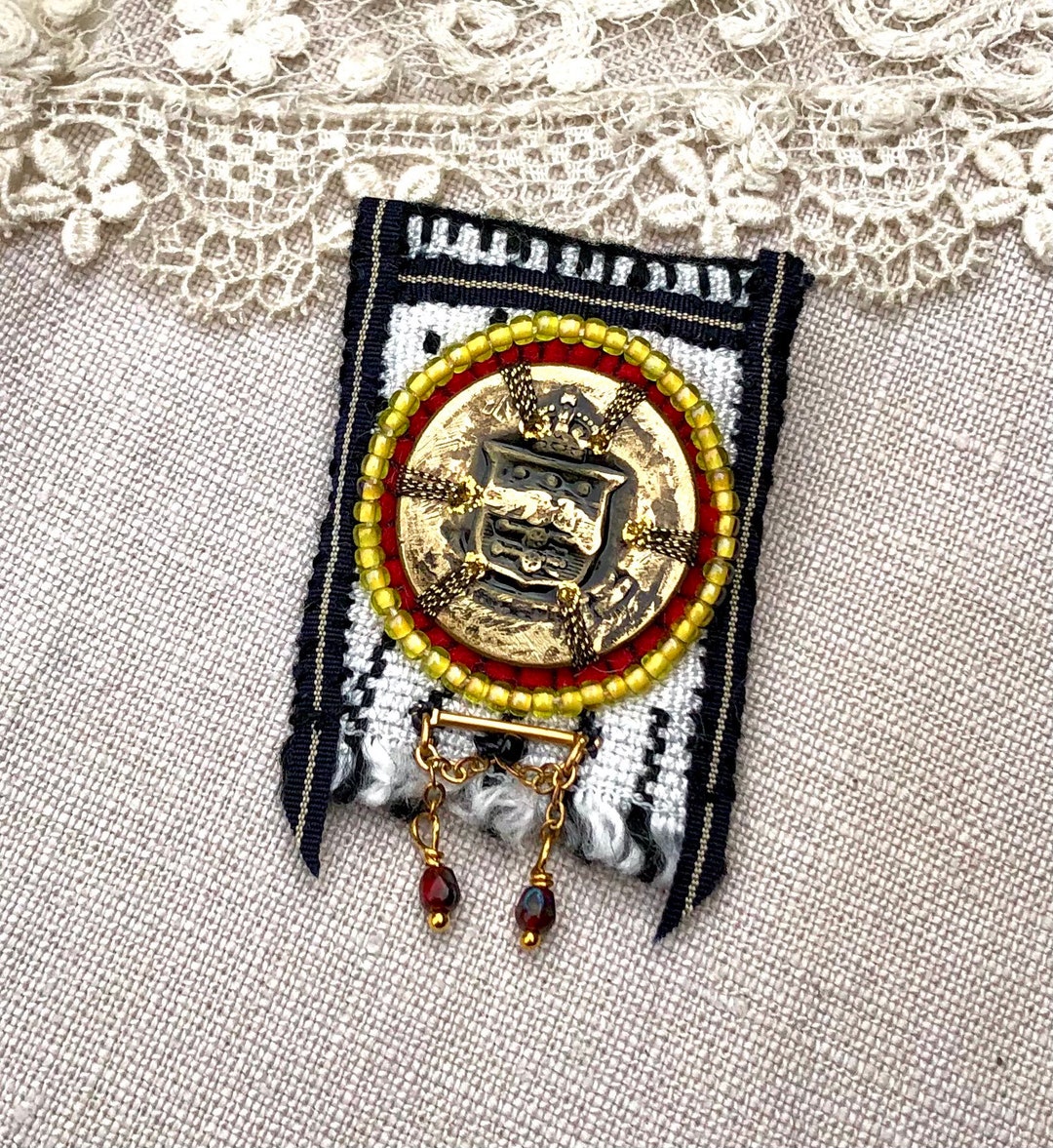 Fabric Brooch Hand Stitched Beaded, Lapel Pin, Hammered Brass Button