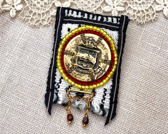 Fabric Brooch Hand Stitched Beaded, Lapel Pin, Hammered Brass Button with Crest, Textile Art, Wool Felt, Pin Back, Badge, Live with Honor