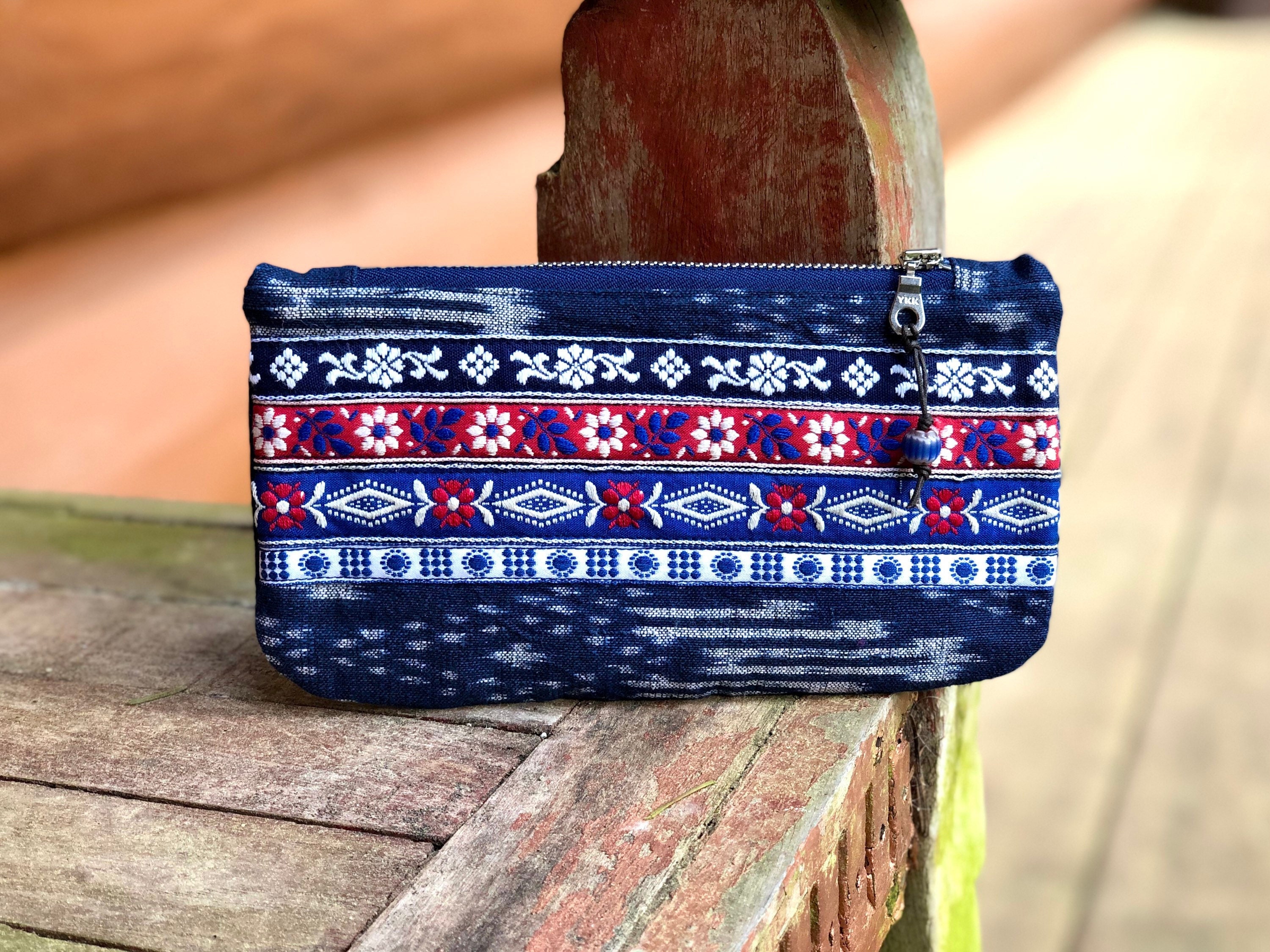 Handmade Zipper Pouch, Vintage Floral Woven Trims, Navy Ikat