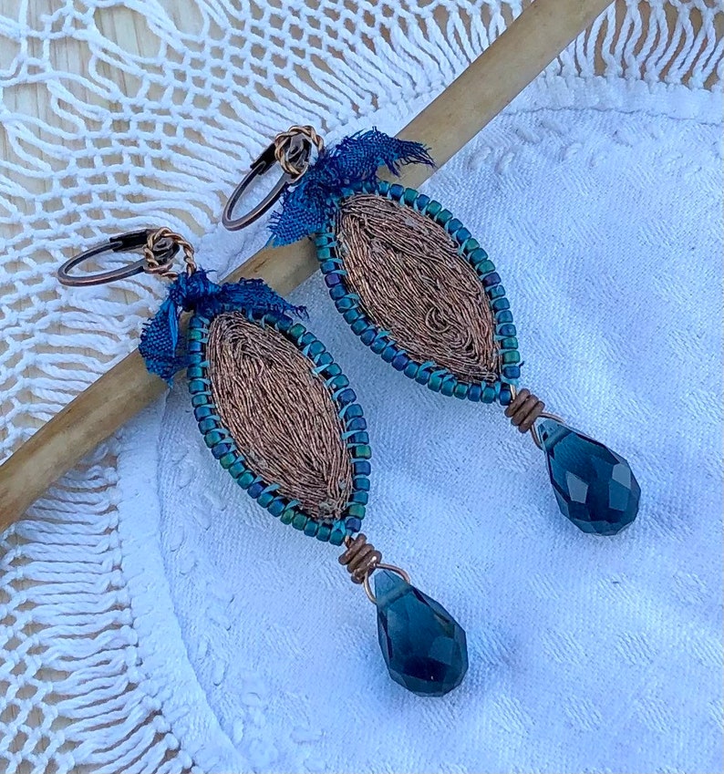 Handmade Earrings, Textile Jewelry, Vintage Embroidered Copper Metallic Thread, Wool Felt, Peacock Blue Glass Seed Beads, Copper Finish image 3