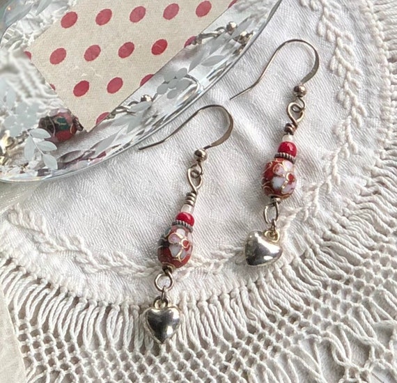 Vintage Cross Stitched Linen Floral Fire Polished Dagger Beads Copper and Bronze Finish Handmade Earrings Wool Felt