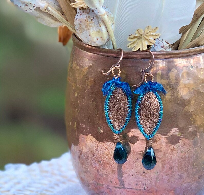 Handmade Earrings, Textile Jewelry, Vintage Embroidered Copper Metallic Thread, Wool Felt, Peacock Blue Glass Seed Beads, Copper Finish image 1