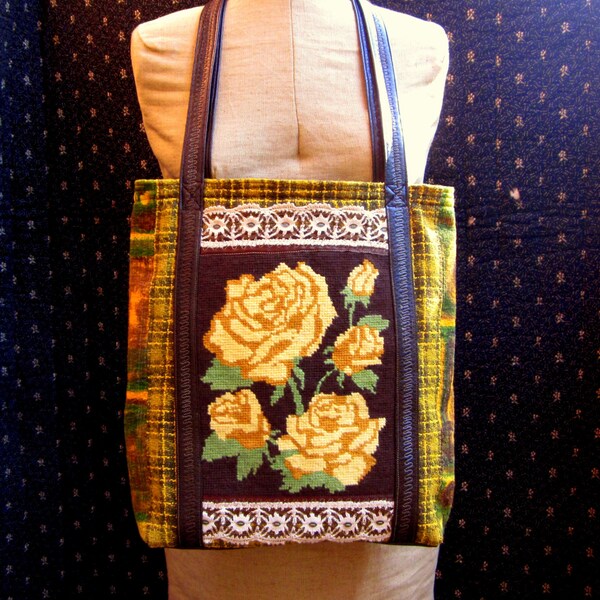 Handmade Tote Bag, Vintage Yellow Rose Needlepoint, Plaid Wool, Barkcloth, Faux Leather, Vintage Trims and Doily, Lined, Interior Pocket