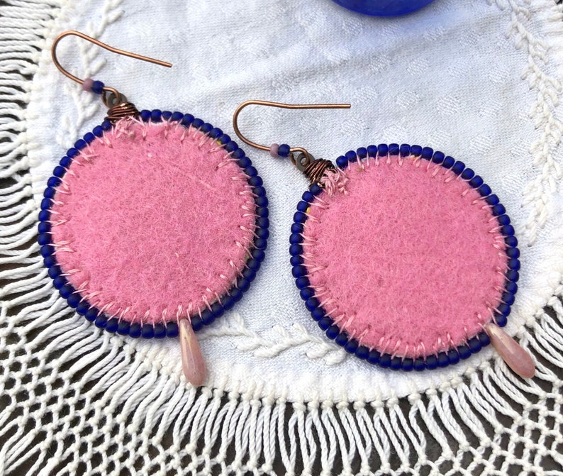 Vintage Cross Stitched Linen Floral Fire Polished Dagger Beads Copper and Bronze Finish Handmade Earrings Wool Felt