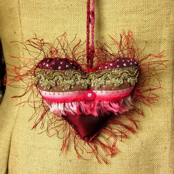 Handmade Heart Ornament with Embroidery, Trims and Jewel Button, Filled with Wool and  Dried Lavender