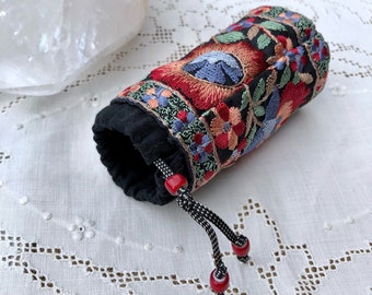 Handmade Drawstring Pouch, Circular, Embroidered Floral Trim Fabric on Black, Textile Art, Treasure Bag, Lined, Beads, Hand Stitching