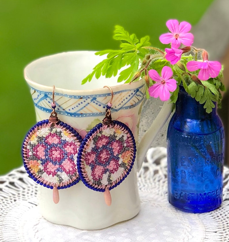 Vintage Cross Stitched Linen Floral Fire Polished Dagger Beads Copper and Bronze Finish Handmade Earrings Wool Felt