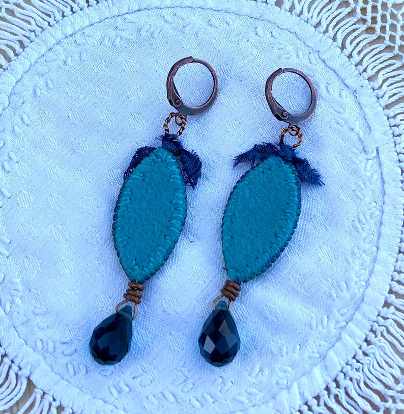 Handmade Earrings, Textile Jewelry, Vintage Embroidered Copper Metallic Thread, Wool Felt, Peacock Blue Glass Seed Beads, Copper Finish image 4