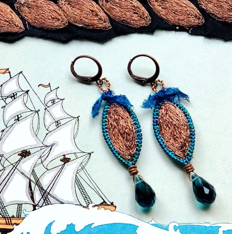 Handmade Earrings, Textile Jewelry, Vintage Embroidered Copper Metallic Thread, Wool Felt, Peacock Blue Glass Seed Beads, Copper Finish image 2