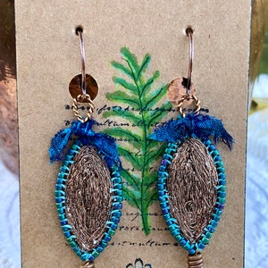 Handmade Earrings, Textile Jewelry, Vintage Embroidered Copper Metallic Thread, Wool Felt, Peacock Blue Glass Seed Beads, Copper Finish image 5