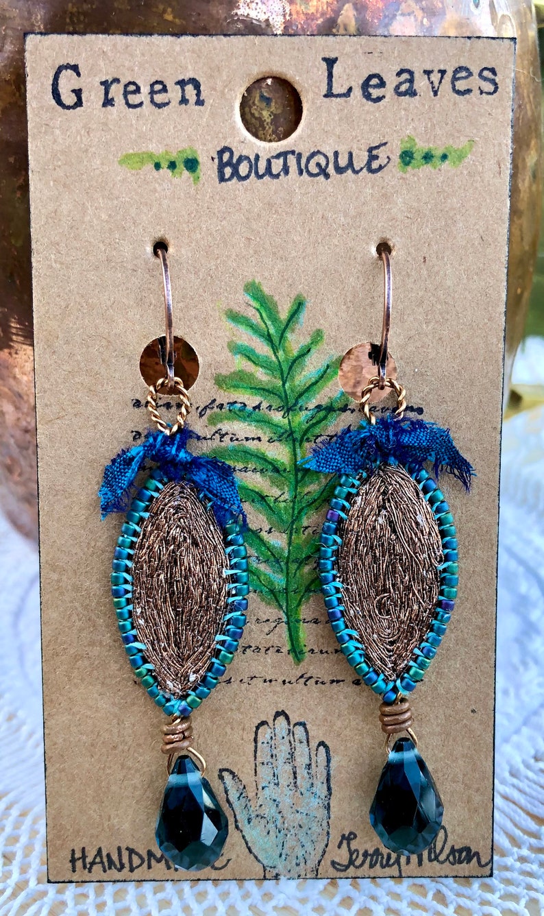 Handmade Earrings, Textile Jewelry, Vintage Embroidered Copper Metallic Thread, Wool Felt, Peacock Blue Glass Seed Beads, Copper Finish image 5