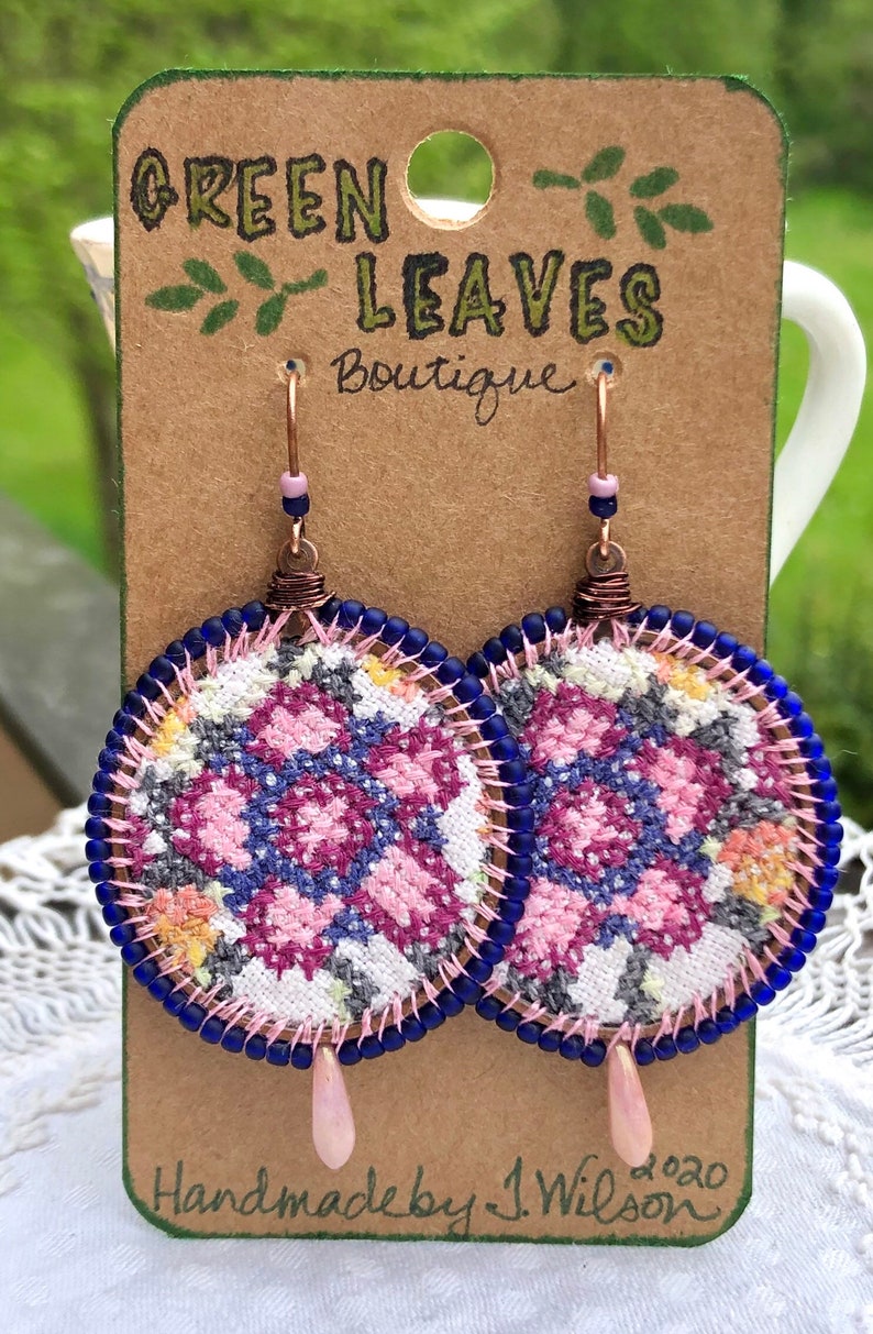 Vintage Cross Stitched Linen Floral Fire Polished Dagger Beads Copper and Bronze Finish Handmade Earrings Wool Felt
