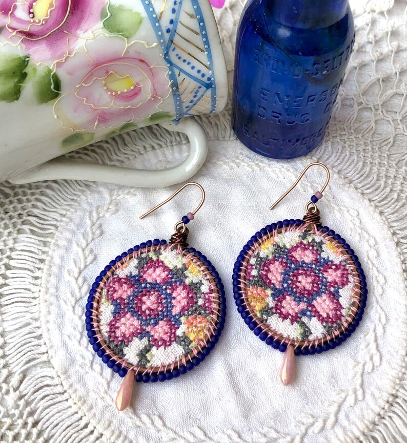 Vintage Cross Stitched Linen Floral Fire Polished Dagger Beads Copper and Bronze Finish Handmade Earrings Wool Felt