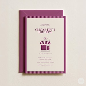 May include: A purple birthday invitation with a matching envelope. The invitation features text that reads "Olivia's Fifth Birthday" and includes a graphic of a bakery. The invitation also includes the date, time, and RSVP information.