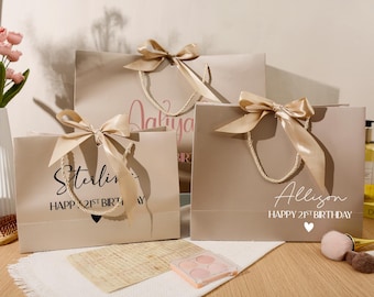 Personalised Birthday Gift Bag,18th Birthday Gift Bag,Elegant Ribbon Tie Rope Name Birthday Gift Bag,Thank You Bags,Champagne Gift Bag
