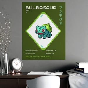 Bulbasaur Vintage Printable Wall Art, Digital Download, Pokemone Fan Art, Japanese Home Decor, Pokemone Style Art, Printable Anime Poster