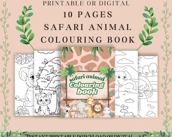 May include: A printable or digital coloring book featuring 10 pages of safari animals. The cover features a green jungle leaf design with the text "Safari Animal Coloring Book" in black text. The pages include images of a lion, elephant, giraffe, zebra, monkey, and other safari animals.