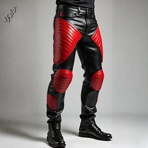 May include: Black leather trousers featuring red quilted sections on the thighs and knees. The trousers have a belt and are worn with black boots. The background is a neutral grey.
