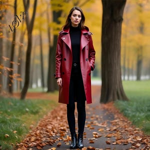 Handmade Crimson Red Leather Trench Coat: Women&#39;s Full-Grain Outerwear