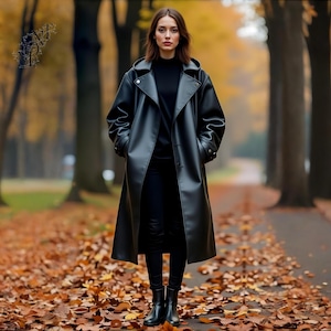 Handmade Black Leather Trench Coat for Women | Long Genuine Leather Jacket with Hood | Oversized Winter Outerwear – Gift for her!