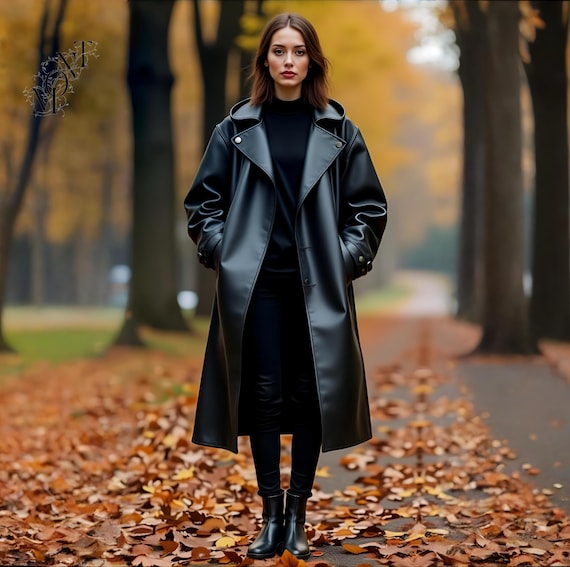 Handgefertigter Schwarzer Leder Trenchcoat: Extragroße