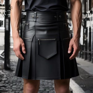 Men’s Leather Kilt | Black Handmade Kilt with Pockets | Gothic Festival Wear | Biker&#39;s Kilt | Scottish Kilt | Festival kilt outwear