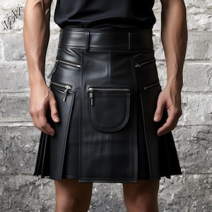 Genuine Leather Kilt for Men | Handmade Black Pleated Utility Kilt with Zipper Pockets | Best gift for him! | Costume outwear