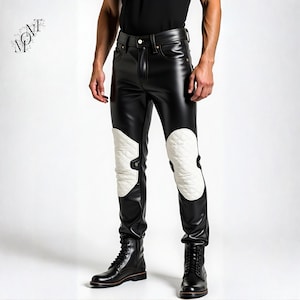Handmade Genuine Leather Pants for Men – Black Biker Trousers with White Quilted Patches – Custom Fit Motorcycle Style Leather Pants!