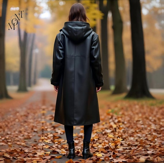 Handgefertigter Schwarzer Leder Trenchcoat: Extragroße