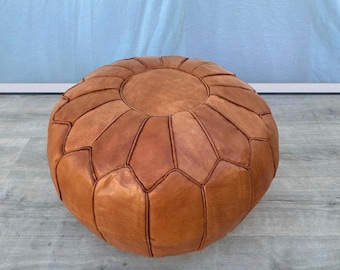 Premium XL Leather Pouffe Handmade Footstool Cognac Brown - Delivered stuffed - Ottoman, footstool, floor cushion