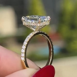 Bague de fiançailles avec halo caché, moissanite taille émeraude 3 carats, cadeau d'anniversaire, bague de mariage pour femme, cadeau d'anniversaire, bague de promesse, bijoux femme
