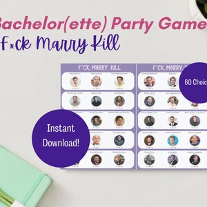 May include: A printable party game card with the text "F*ck Marry Kill" and a grid of 60 celebrity headshots. The text "60 Choices!" is in the upper right corner of the card. The text "Instant Download!" is in a purple circle in the lower left corner of the card.