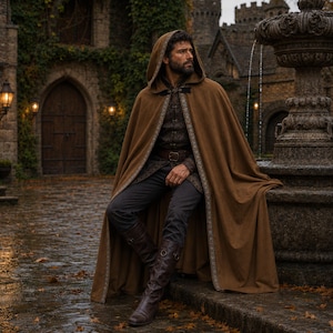 May include: A brown hooded cloak featuring a decorative patterned trim along the front edges. The cloak is worn over a dark textured long-sleeved shirt, dark trousers, and tall brown leather boots with buckle details at the top.