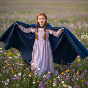 May include: A young person in a lavender dress and a navy blue cape stands in a field of wildflowers. The dress is adorned with small pearls, and the cape is spread wide. The person has red braids and is smiling.