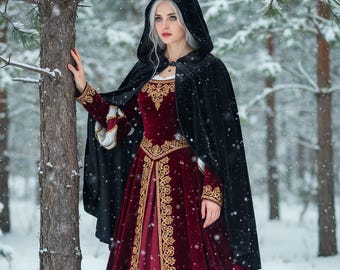 Medieval Hooded Cloak For Adult Renaissance Short Cape with Hood Fantasy Fair Witch Cloak Festival Gothic Knight Halloween Costume Women Men