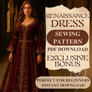 Regal Renaissance Gown Dress Sewing Pattern Flared Skirt Dress Medieval Fantasy Renaissance Dress Sewing Costumes Pattern PDF Beginner
