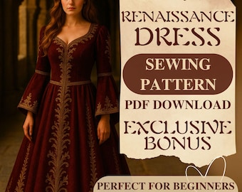 Regal Renaissance Gown Dress Sewing Pattern Flared Skirt Dress Medieval Fantasy Renaissance Dress Sewing Costumes Pattern PDF Beginner