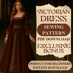 Renaissance Dress Sewing Pattern PDF Square Neck Victorian Gown Medieval Fantasy Renaissance Dress Sewing Costume  Pattern PDF Beginner