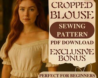 Vrouwelijke crop top met pofmouwen naaipatroon romantische blouse zomertop patroon middeleeuwse fantasie renaissance blouse naaipatroon pdf